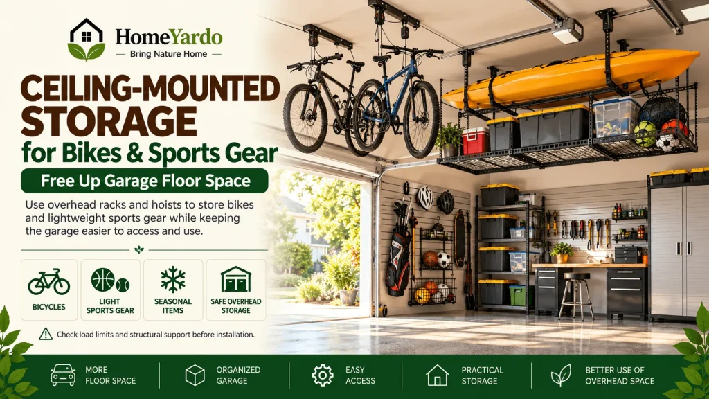 7. Install Ceiling-Mounted Storage for Bikes and Sports Gear