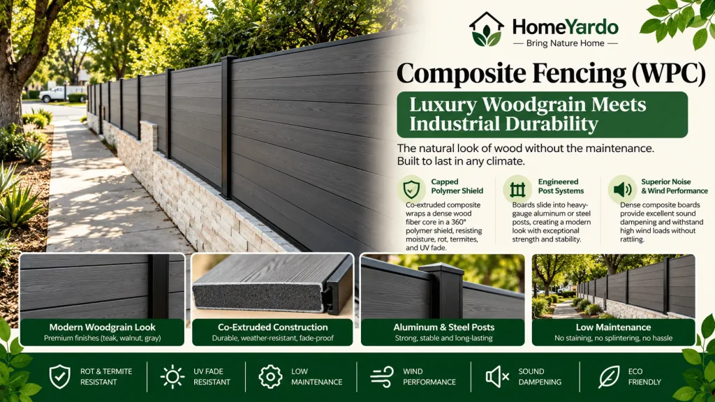 4. Composite Fencing (WPC) Luxury Woodgrain Meets Industrial Durability