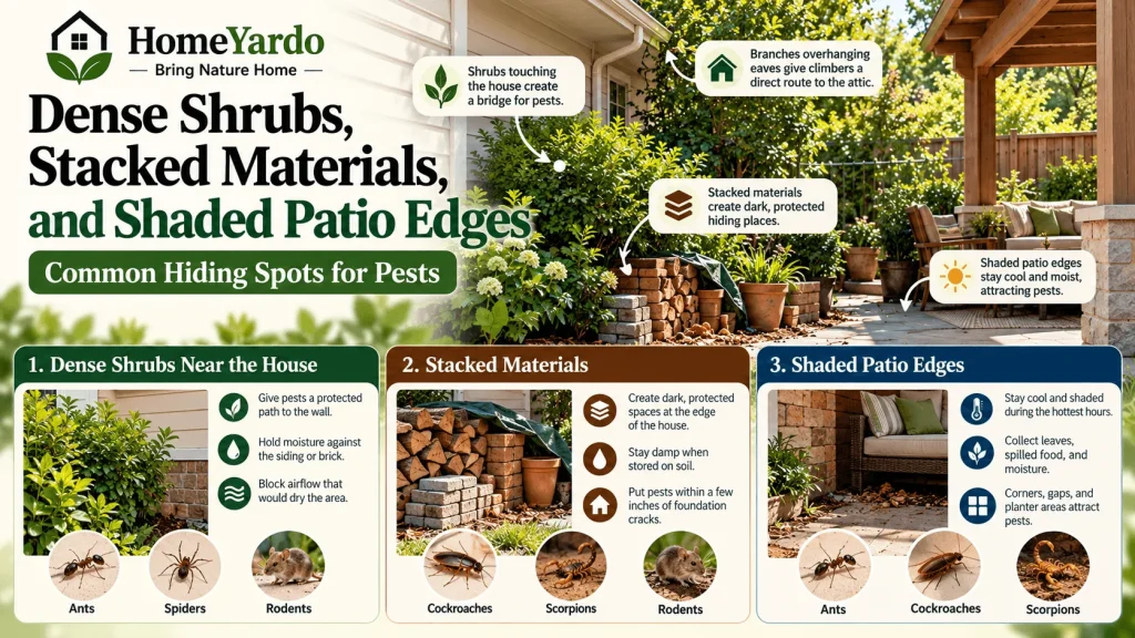 Dense Shrubs, Stacked Materials, and Shaded Patio Edges