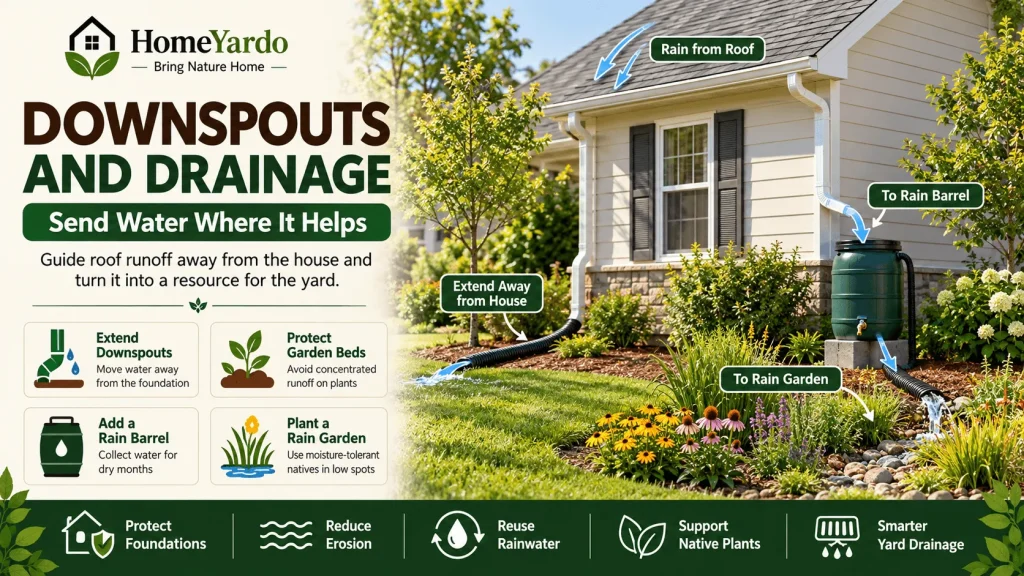 Downspouts and drainage: send water where it helps