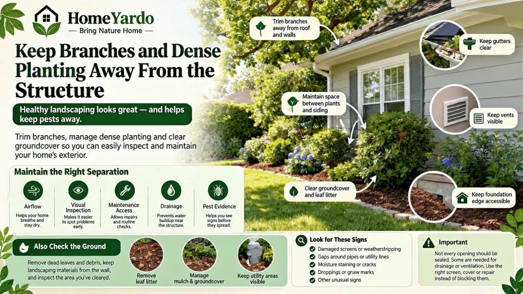 Keep Branches and Dense Planting Away From the Structure