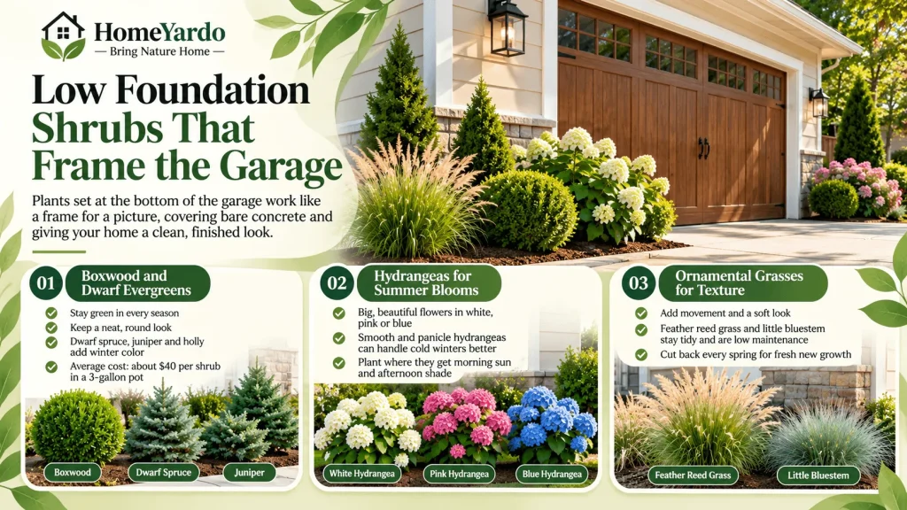 Low Foundation Shrubs That Frame the Garage