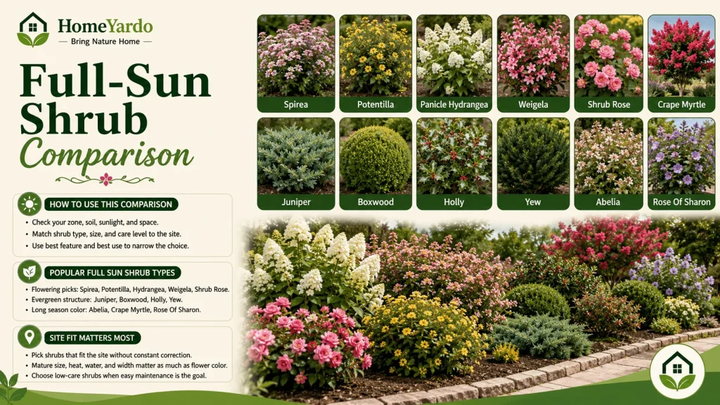 Full-Sun Shrub Comparison Chart