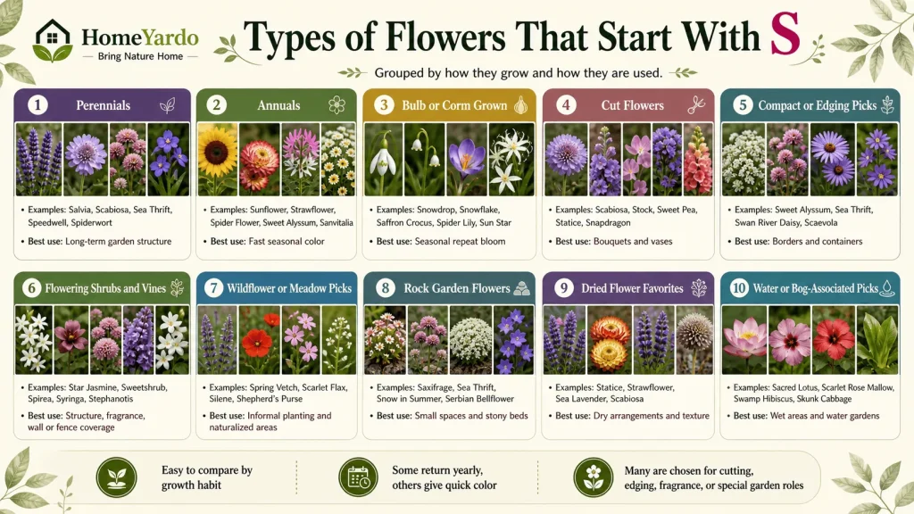types of flowers that start with S