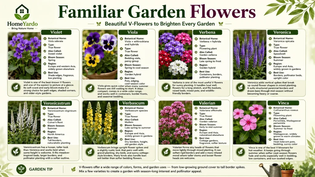Familiar garden flowers with V