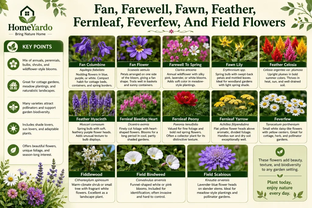 fan, farewell, fawn, feather, funleaf, feverfew, and field flowers