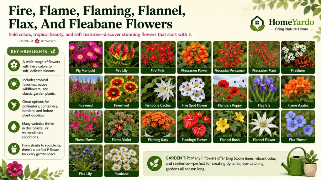 Fire, Falme, Flaming, Flannel, Flax, And Fleabane flowers