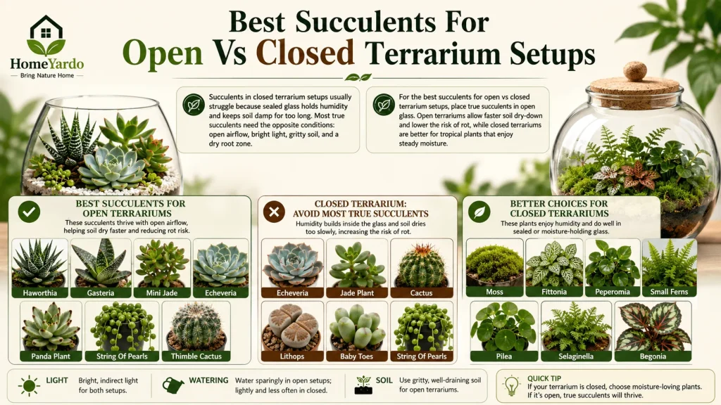 Best suculents for open vs closed terrarium setups