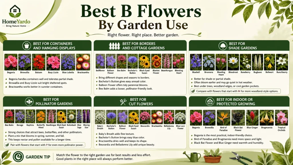 Best B Flowers by garden use