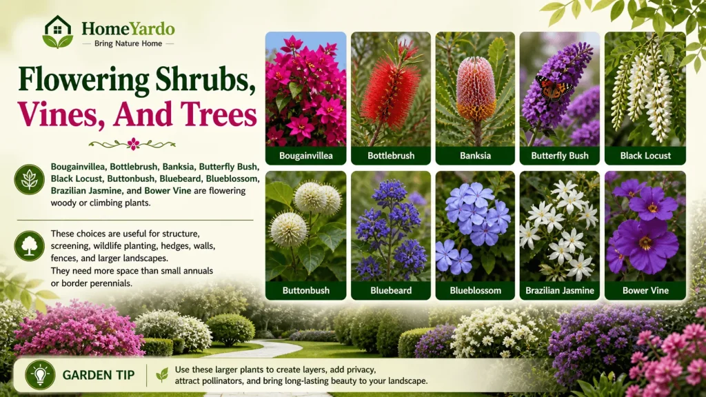 Flowering shrubs, vines, And Trees