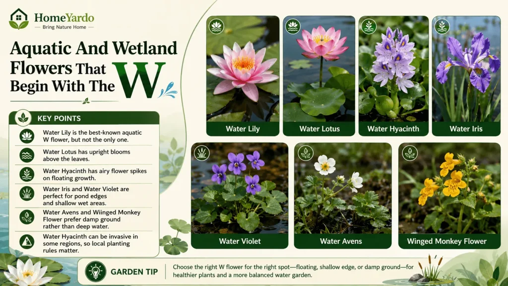 Aquatic and wet;and flowers that begin with W
